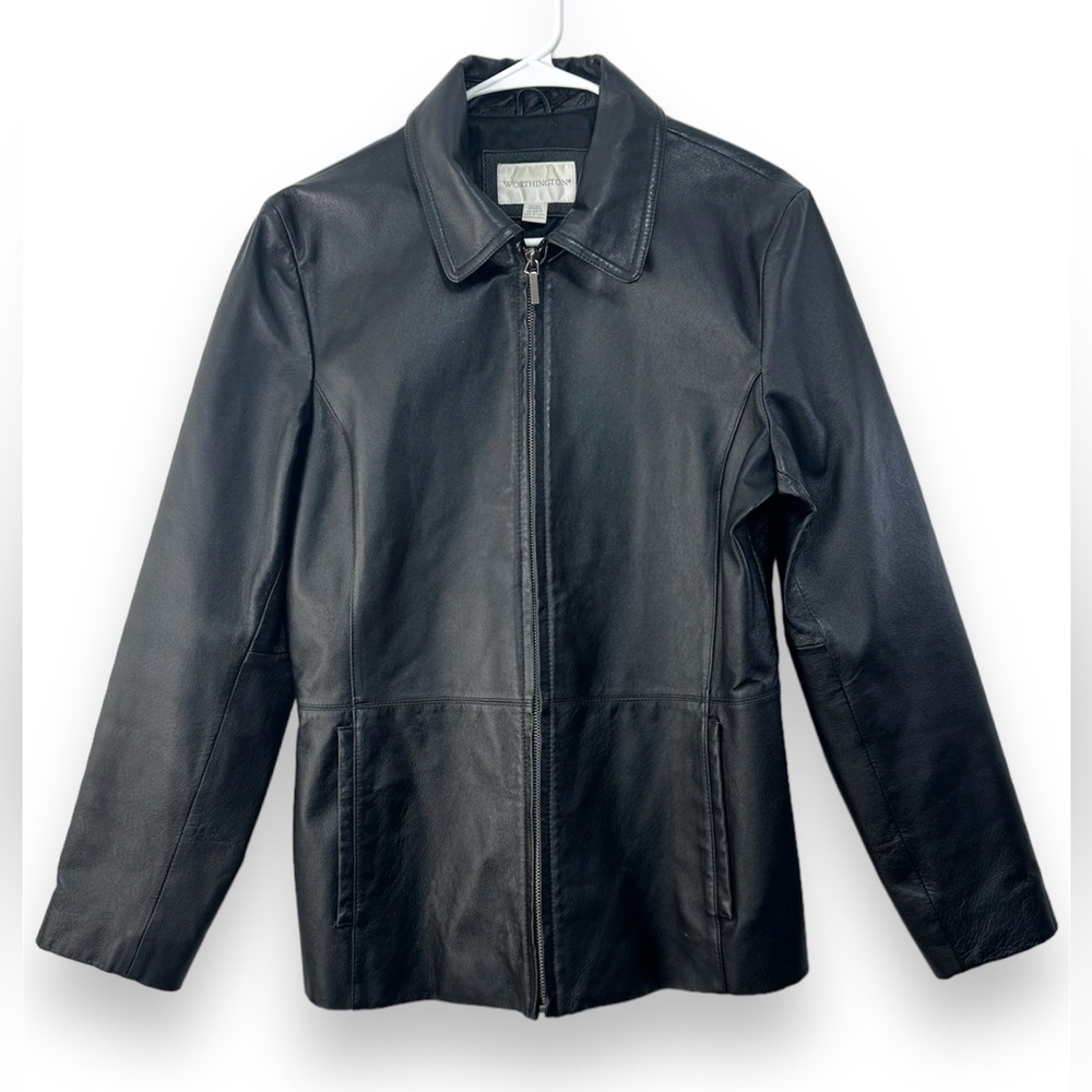 WORTHINGTON Women Classic Black Genuine Leather Jacket Medium M Zip Front Coat